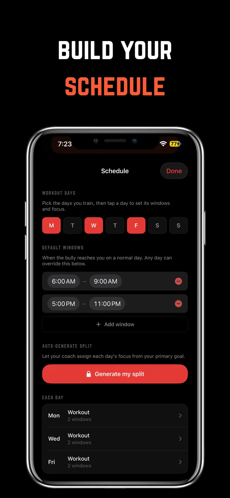 Building a weekly schedule with workout days, notification windows, and an auto-generated split