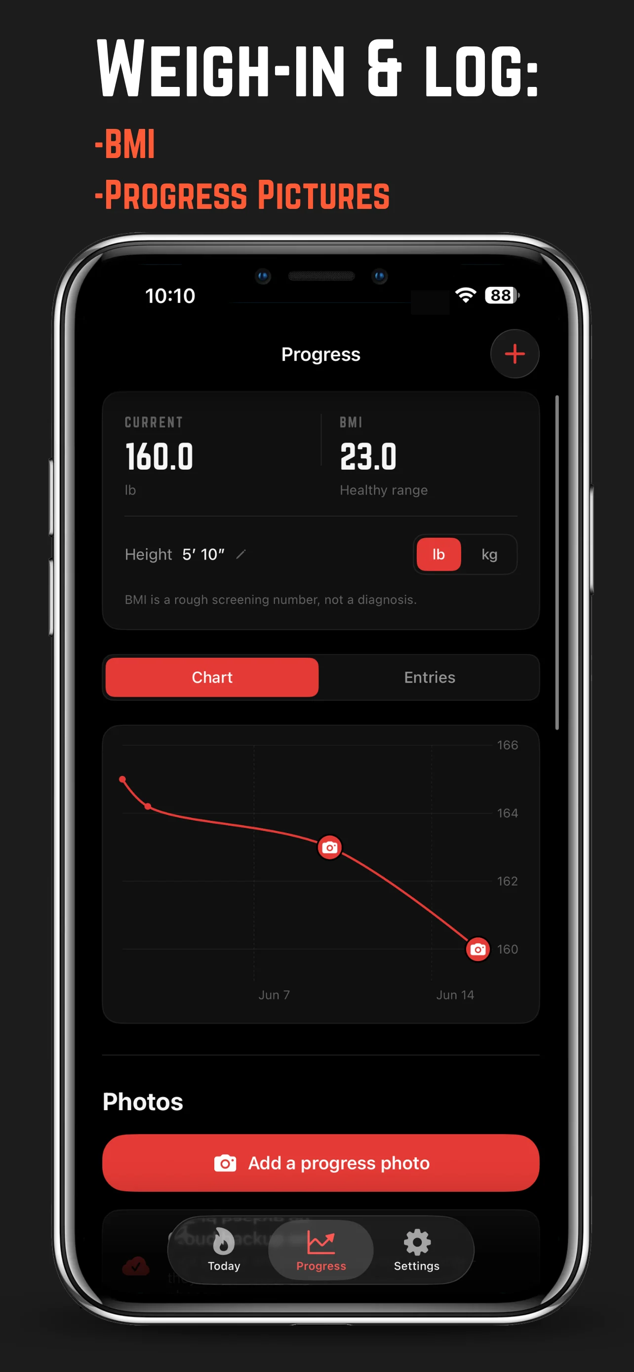 Weigh-in and progress tracking with BMI and progress photos