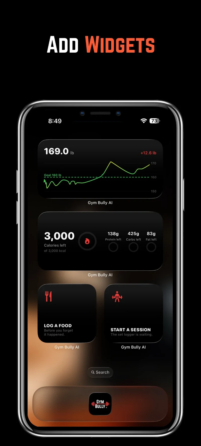 Home screen widgets: your weight trend against the goal line, calories and macros left today, and shortcuts to log a food or start a session.