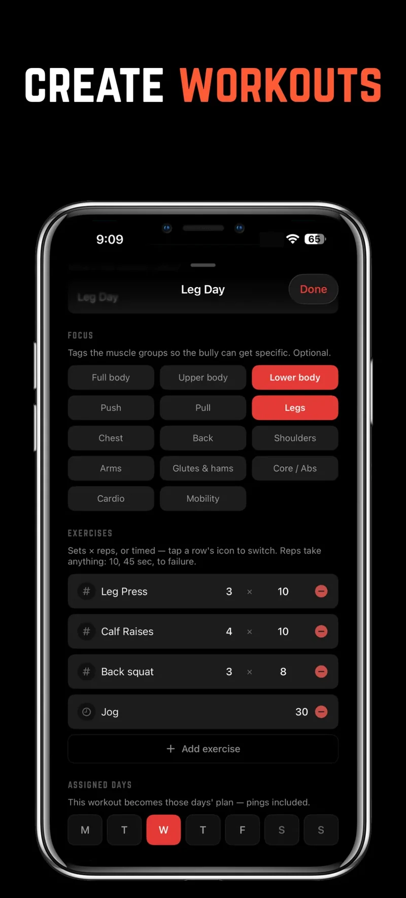 Creating a leg day workout with muscle focuses, exercises, sets, and reps.