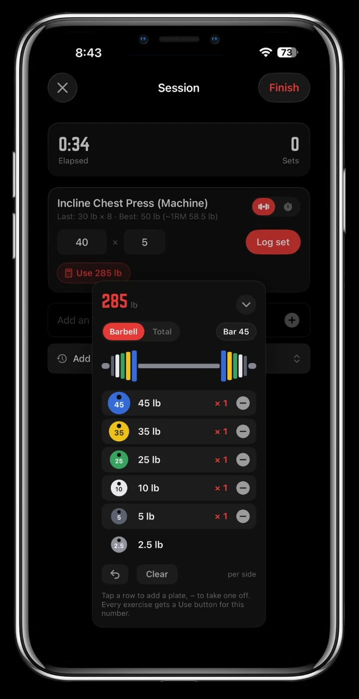 The plate calculator inside the set logger: 285 lb on a 45 lb bar, with the plates for each side listed and a Use button to log it.