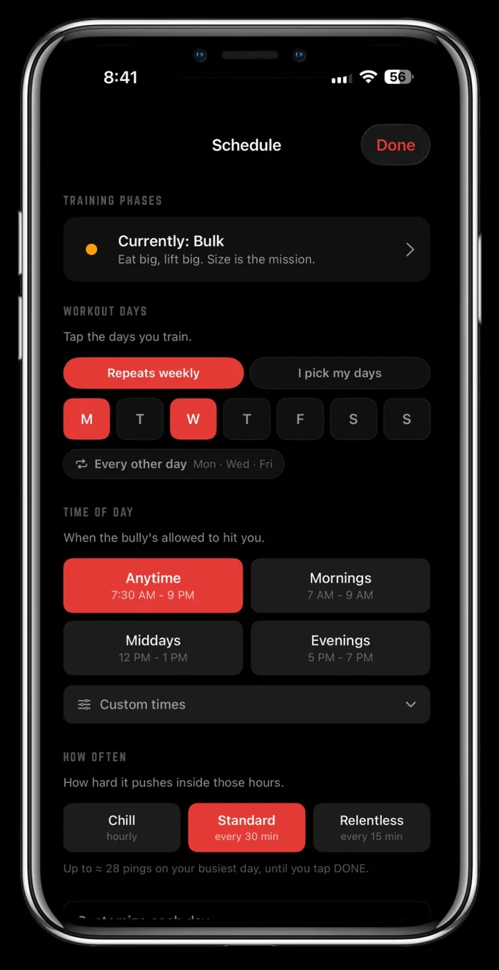 Building your schedule: training days, the hours you can be reached, and how often it pings.