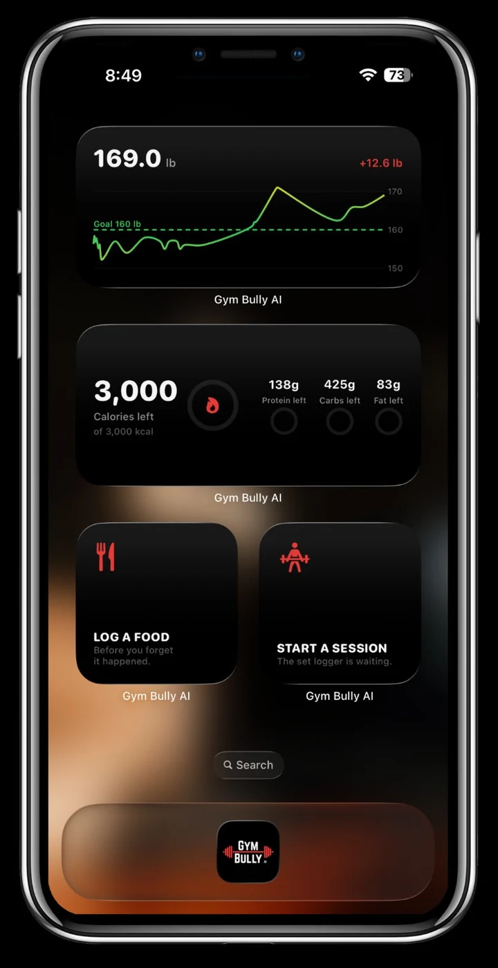 Home screen widgets: your weight trend against the goal line, calories and macros left today, and shortcuts to log a food or start a session.
